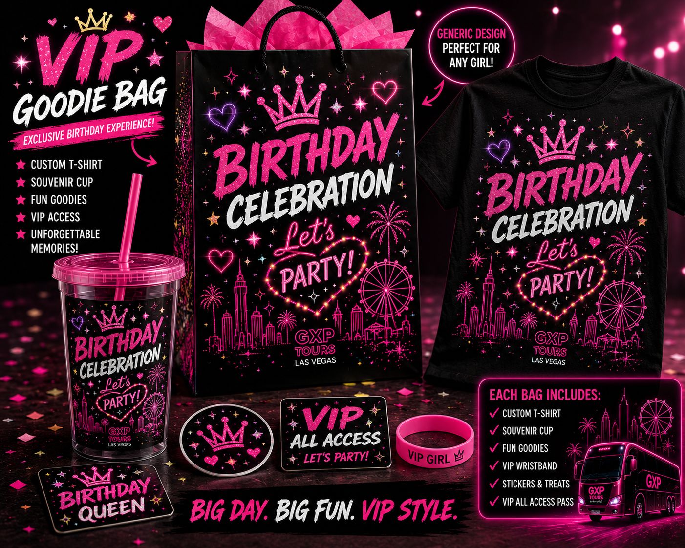 Girls custom party favor gift bags and shirts Party Bussin Las Vegas